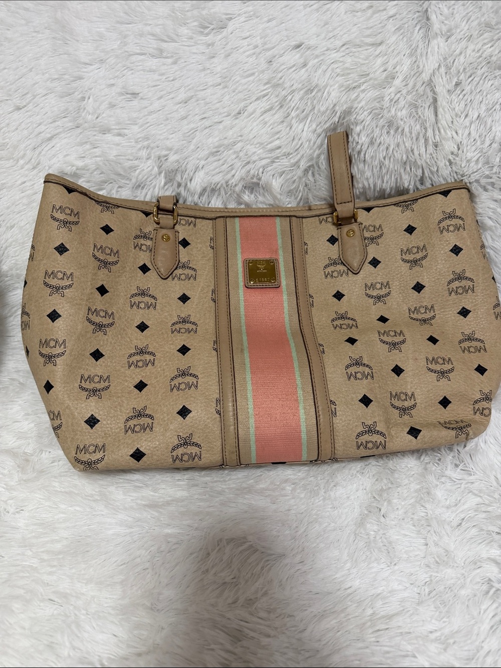 MCM Beige Monogram Shoulder Bag with Pink and Mint Stripe
